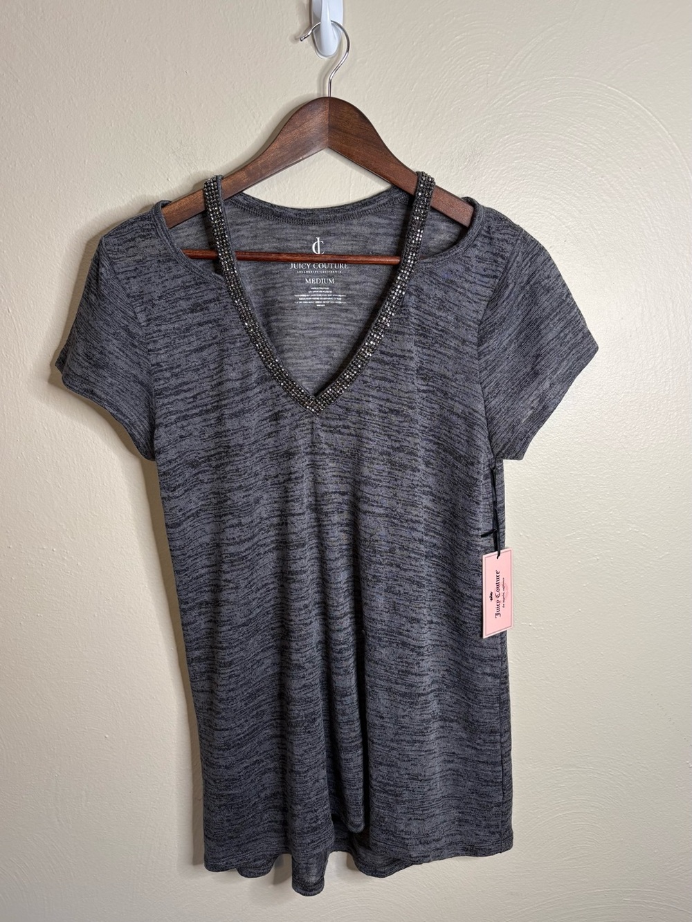 Juicy Couture V-Neck Top Women Medium Gray Rhinestone Space Dye Y2K Glam